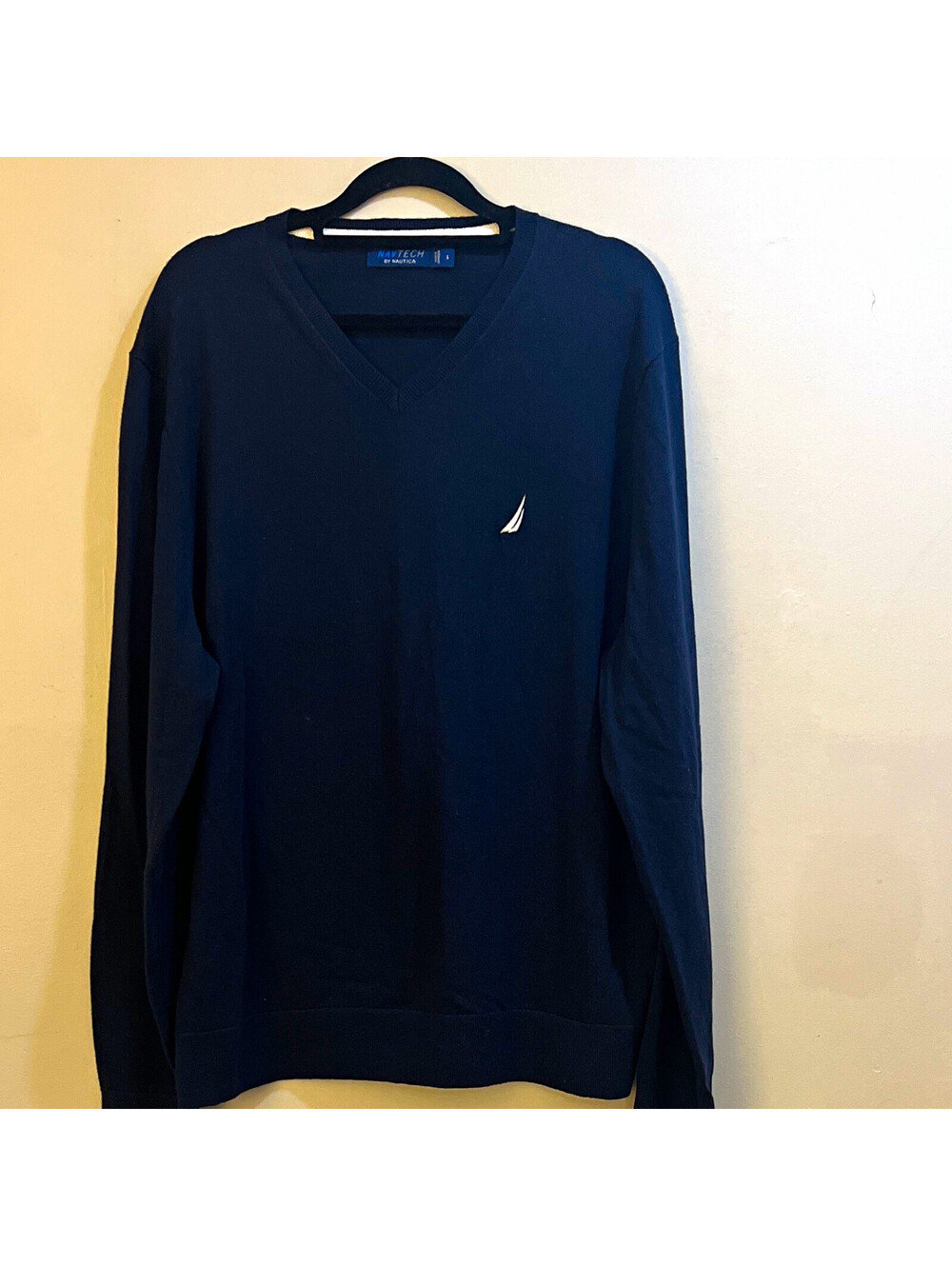 Nautica Navtech Men's Navy Blue Cotton Blend Knit V-Neck Pullover Sweater L